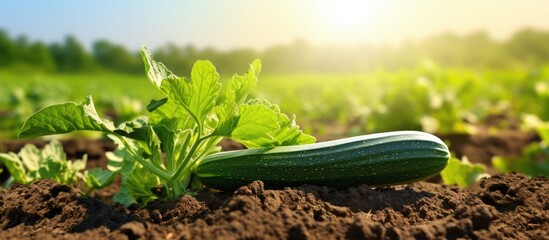 Wall Mural - Zucchini grows on a patch of land with copy space image