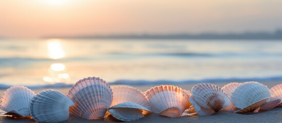 Marine shells with a tough gray nacreous surface set against an open ocean background with a vertical orientation perfect for a copy space image