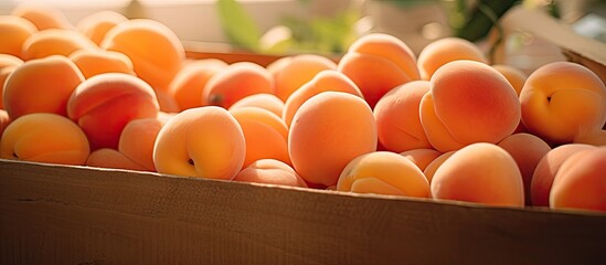 Wall Mural - Close up of fresh apricots ripe and ready to eat displayed in a box at a market with copy space image