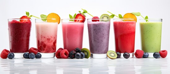 Canvas Print - Fresh cold smoothies with fruit and berries in glasses on a white background with copy space image