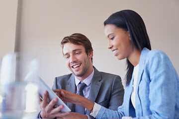 Poster - Tablet, teamwork or happy business people in meeting for solution, conversation or discussion of tech news. Smile, growth or consultants in office for planning strategy, feedback or collaboration