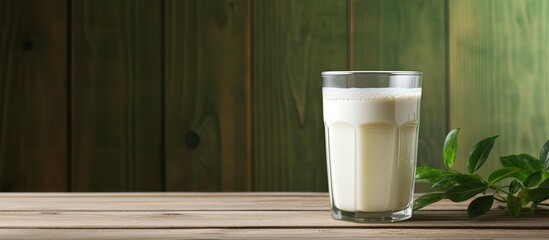 Wall Mural - Vintage style glass of green tea with milk froth on a wooden background under natural light providing a photo with copy space image