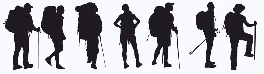 silhouette of male and female hiker. Backpack, hiker, and hiking pole. 