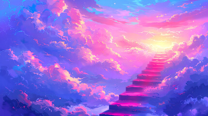 Poster - A vibrant digital artwork showing a staircase ascending through colorful clouds towards a bright light, on a vivid background, concept of a dreamy ascent. Generative AI