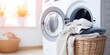 © Mountains Hunter - A basket of laundry with a washing machine in the background. Generative AI.