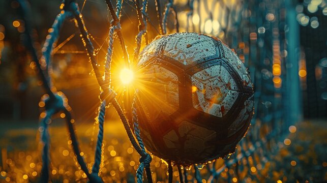 A close-up of a soccer ball nestled in a goal net at sunset, dramatic lighting