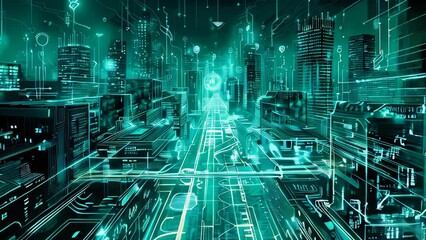 Aufkleber - a digital cityscape with holographic elements and circuit patterns