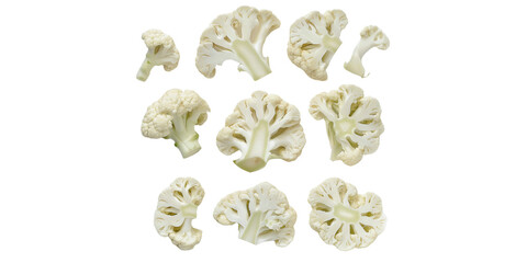 Cauliflower, vegetable garden food, cut into pieces, on a white background. high depth of field Images are generated by AI