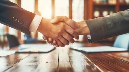 Poster - Two professionals shaking hands over a wooden table, concept of agreement or partnership, warm natural light. Generative AI