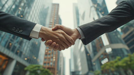 Poster - Two people in suits shaking hands, high-rise buildings in the background, concept of business partnership. Generative AI