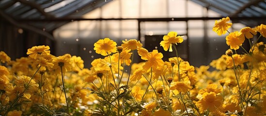 Small Japanese Kerria flowers bright yellow and fluffy bloom in an abandoned greenhouse perfect for banners flyers labels and more with copy space image