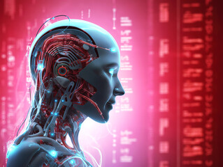 Aufkleber - Profile of a robotic head revealing complex interior mechanics against a digital red background, embodying the concept of advanced technology. Generative AI