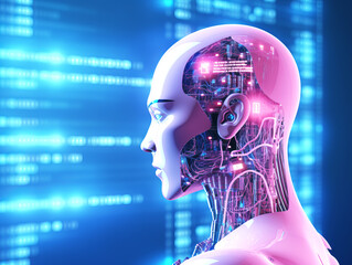 A digital illustration of a robot's side profile with an exposed brain circuitry, set against a blue binary code background, concept of artificial intelligence. Generative AI