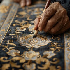 Wall Mural - The artist's hand holding a pen, creates intricate patterns on silk with gold ink. The background is a white tablecloth decorated with elegant calligraphy designs in the style of a calligrapher.