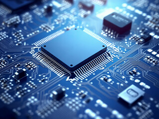 Aufkleber - Close-up of a computer processor on a motherboard, detailed electronics, dark blue background, concept of technology. Generative AI