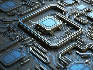 Aufkleber - Close-up of an intricate circuit board design with a technological theme on a blue and gray background, concept of electronics. Generative AI