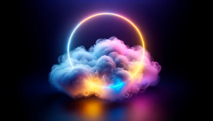 Poster - A neon circle glowing above a cloud formation on dark background, concept of futuristic design. Generative AI