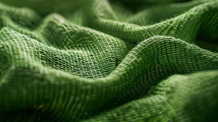 Close-up shot highlighting the weave and fibers of green athletic clothing fabric.