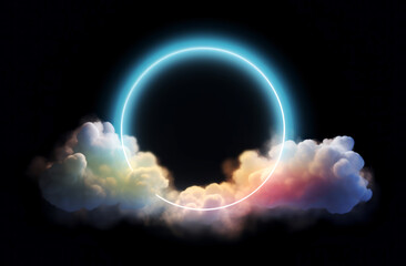Poster - A digital illustration showcasing a ring of light surrounded by colorful clouds on a dark background, evoking a tranquil mood. Generative AI