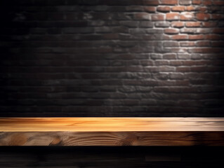 Poster - An empty wooden counter with a brick wall in the background, ideal for product presentation or branding display. Generative AI