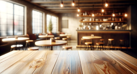 Poster - Blurred interior of a modern cafe with clear wooden tabletop in foreground, warm tone, concept of a mockup background. Generative AI