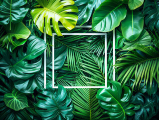 Poster - Overlapping tropical leaves with a white frame for mockup against a lush green background, embodying a natural design concept. Generative AI