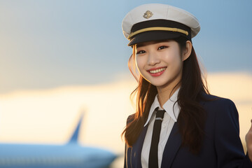 Wall Mural - Teen pretty Japanese girl at outdoors airplane pilot