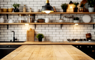 Poster - Blurred kitchen interior with clear wooden tabletop in the foreground, suitable for product display, on a light background. Generative AI