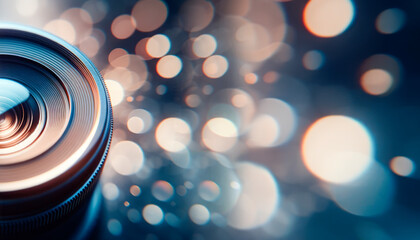 Poster - Close-up of a camera lens with bokeh lights in the background, concept of photography equipment. Generative AI
