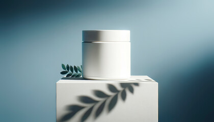 Poster - A white container on a pedestal with a plant shadow, against a blue background, ideal for branding mockups. Generative AI
