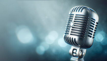 Poster - A vintage microphone on a blurred background with bokeh lights, ideal for branding and presentation purposes. Generative AI