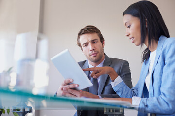 Poster - Tablet, financial advisor or business people in meeting for solution, conversation or discussion of tech news. Smile, growth or consultants in office for planning strategy, feedback and teamwork