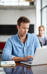 Poster - Businessman, laptop and typing for planning and research, information or online in office. Technology, notebook or internet search for journalist, male person or news reporter for blog and journalism