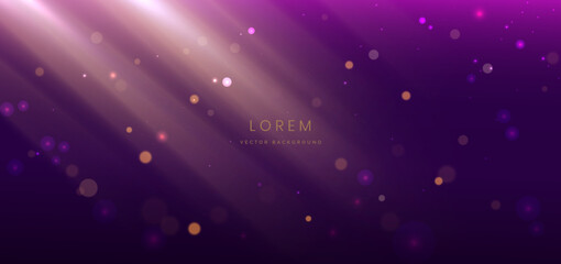 Wall Mural - Abstract gold glowing lines on dark purple background with particles, bokeh.