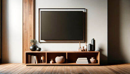 Poster - A modern room interior with a blank framed poster on the wall above a wooden cabinet with decorative items. Generative AI