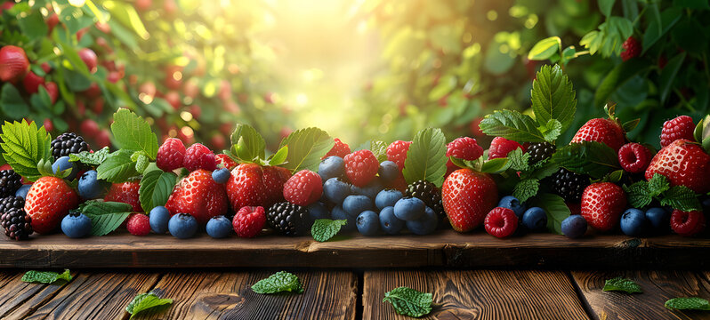 Variety of fresh berries on wooden surface. An assortment of ripe strawberries, blackberries, and blueberries on a rustic wooden table, with a sunlit green foliage background. 