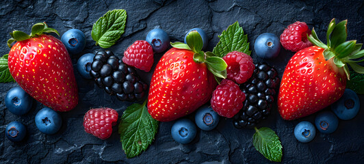 Wall Mural - Ripe blueberries, blackberries and strawberries on a black background. Healthy food concept.