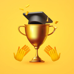 graduate concept. win cup with graduate hat and applauds. academic achievements.