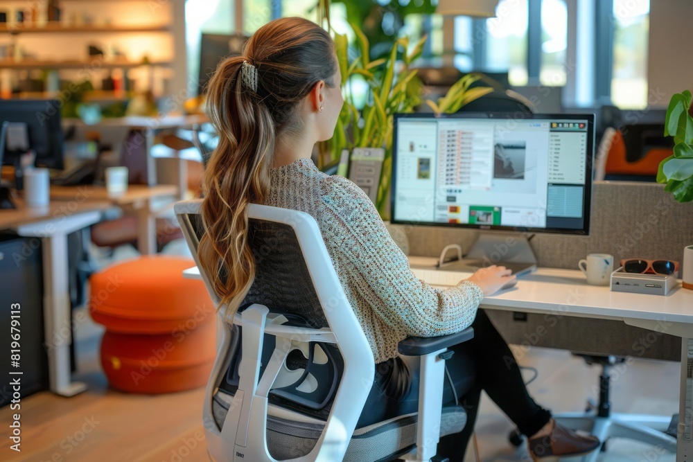 A young woman with a neutral spine position working at her computer ...