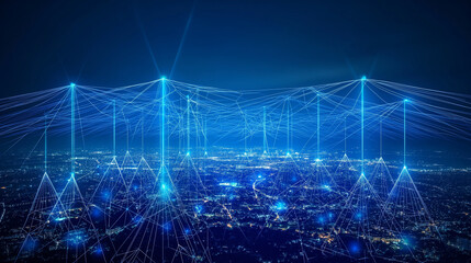 Wall Mural - Networks of communication and fiber-optics over city skyline.