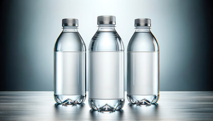 Wall Mural - Three clear plastic water bottles with blank labels on a wood surface, with a gradient blue background, ideal for branding mockups. Generative AI