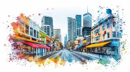 Wall Mural - A city street with a colorful storefront and a splash of color