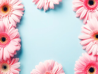 Poster - Pink gerbera flowers border a clear blue space, ideal for displaying branding or identity with a fresh, floral concept. Generative AI