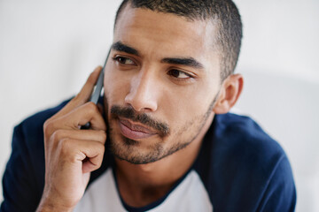 Poster - Man, phone call and startup communication or talking for project funding or thinking, planning or decision. Male person, cellphone and conversation deal or negotiation networking, thoughts or idea