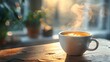 © Jodkung - Warm and Inviting Cup of Freshly Brewed Coffee with Captivating Steam and Aroma on Rustic Wooden Table