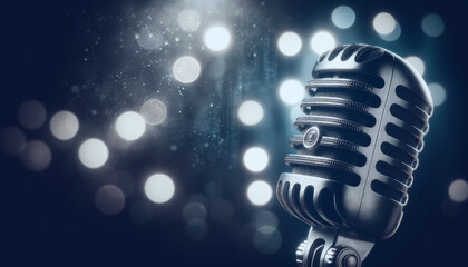 Aufkleber - Vintage microphone against a bokeh lights background, concept of music and entertainment. Generative AI