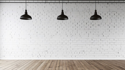 Poster - Interior setting with three pendant lights over a clean white brick wall and wooden floor, ideal for product presentation, Generative AI