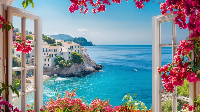 A Mediterranean view from an open window, featuring a serene sea, vibrant bougainvillea, and whitewashed houses under a clear blue sky