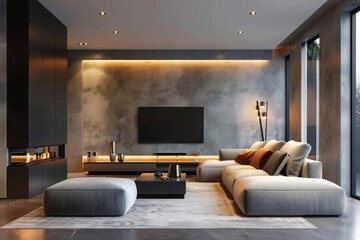 An open plan living room with a sectional sofa modern lighting fixtures and a sleek entertainment unit