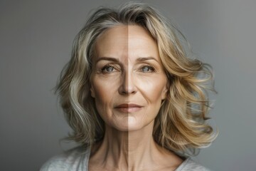 A mature woman face before and after results of a rejuvenating cosmetic procedure